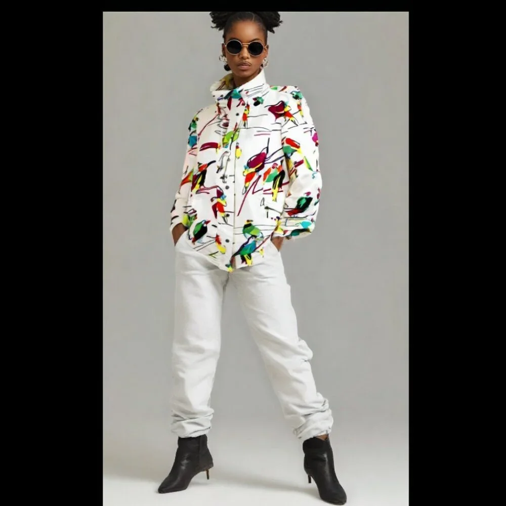 Berek White Multi Abstract Tropical Bird Cotton Jacket Size Large